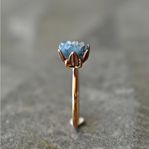 Handmade Copper and Raw Aquamarine Lotus Flower Ring - Picture 8 of 8
